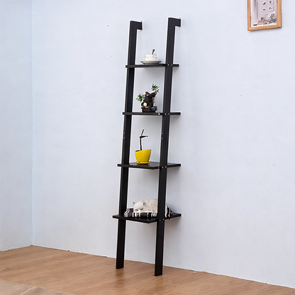 Ladder Shelf Bookcase Rack 4 Tier Tall Leaning Open Storage Black 160cm