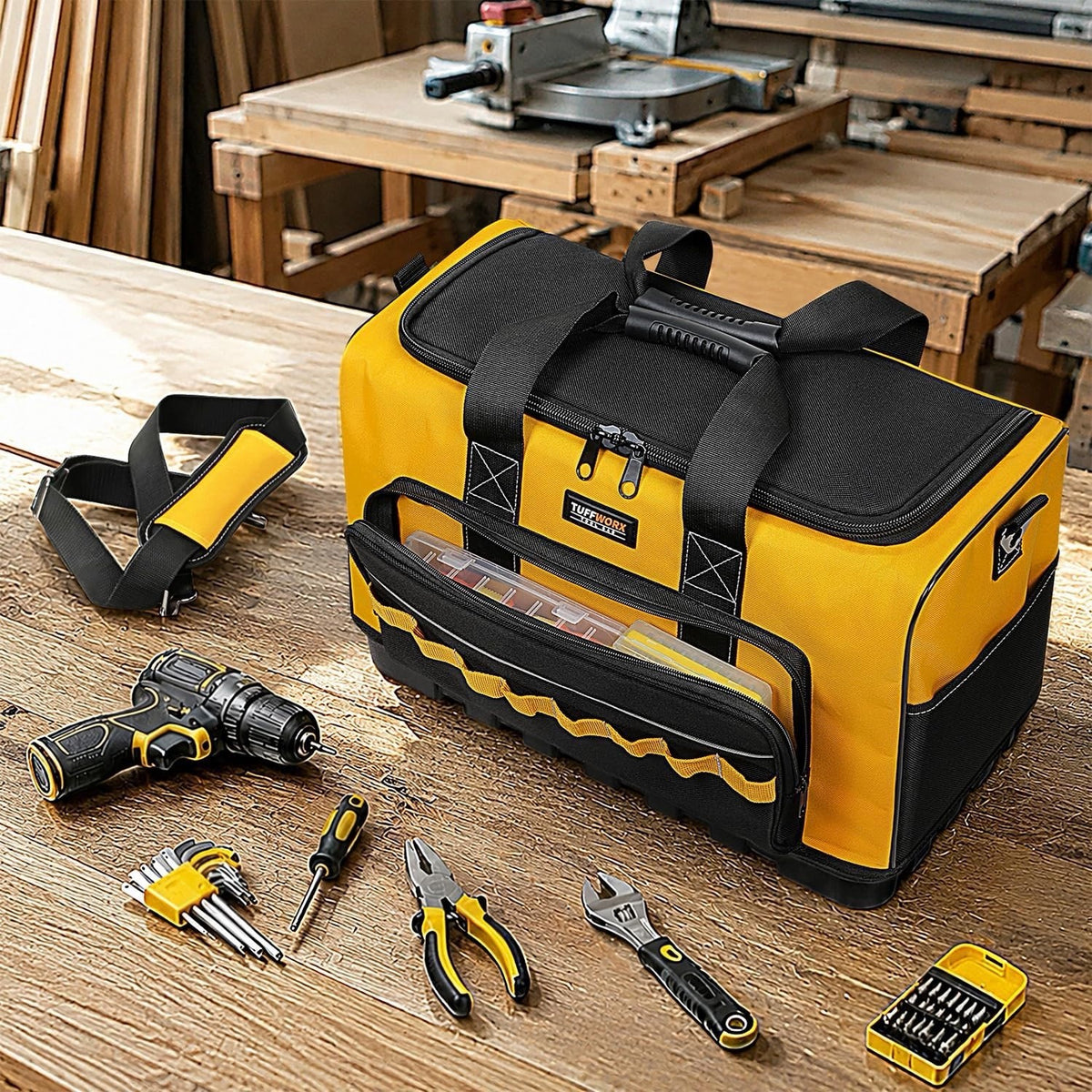 Tool Bag Heavy Duty 20 Inch 15 Pockets Waterproof Base 1680D Yellow Storage