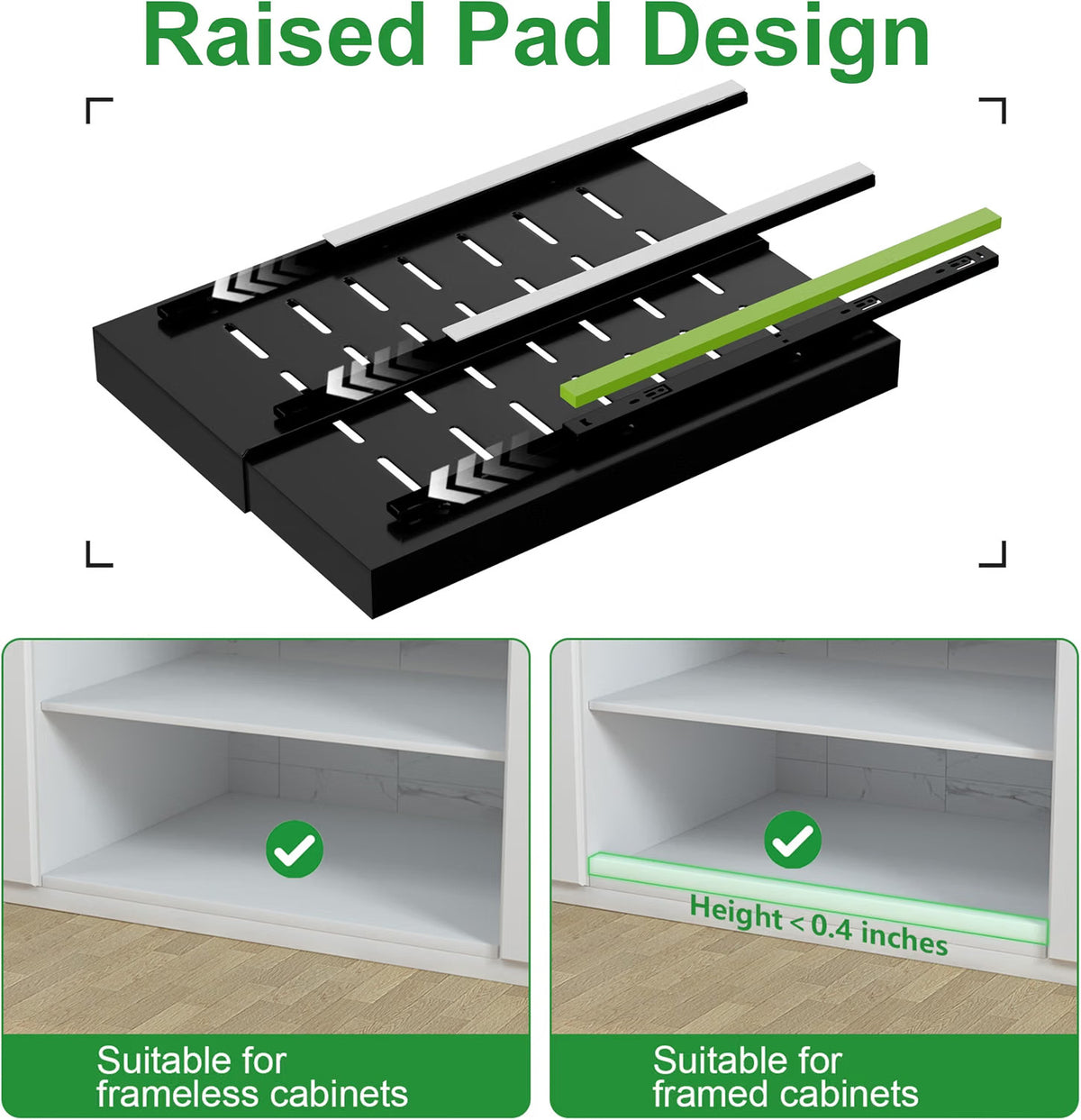 Pull Out Cabinet Organizer 4 Pack 21in Deep 9-14in Adjustable 3 Rail Steel Set