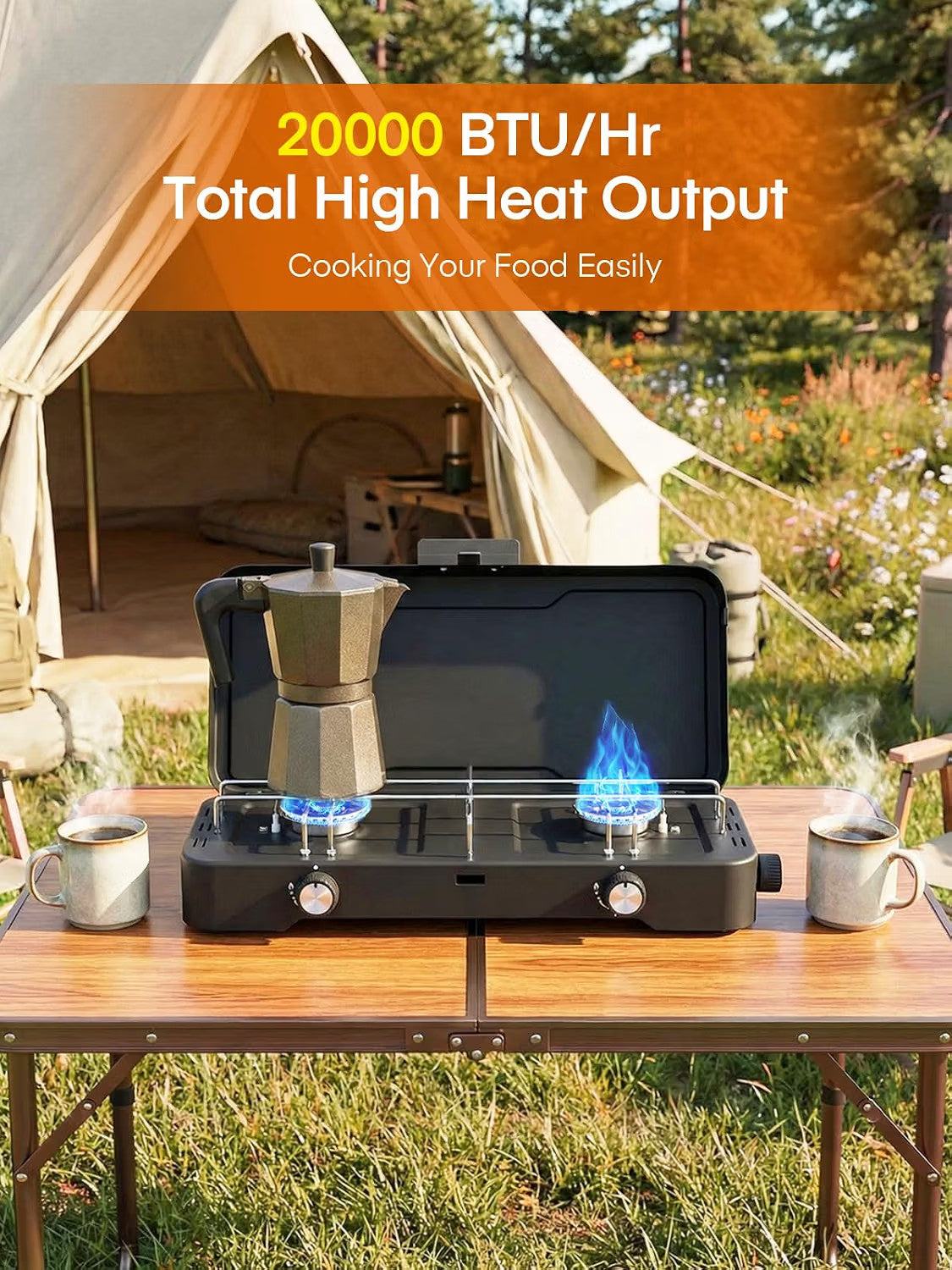 Camping Gas Stove 2 Burner Portable Propane 6000W Adjustable Lid Piezo Ignition