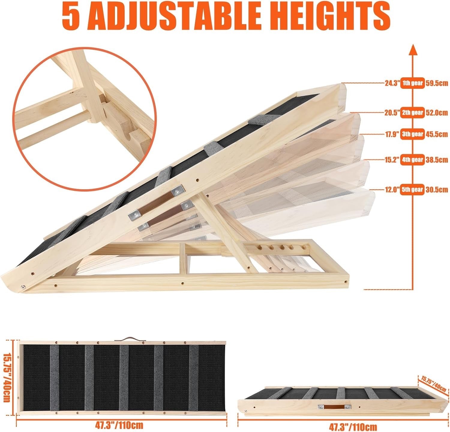 Adjustable Wooden Pet Dog Ramp Non-Slip Rubber Surface for Bed Sofa Car – Brown