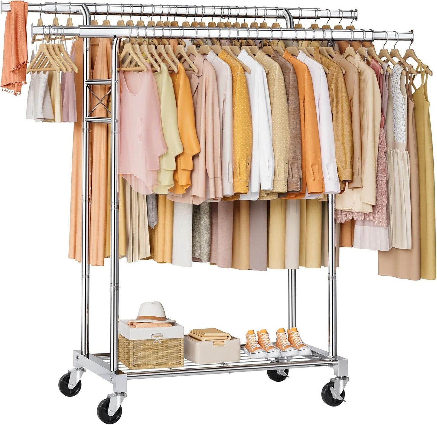 Clothes Rail Heavy Duty Double Rod Extendable Rack Storage Shelves Silver 190cm