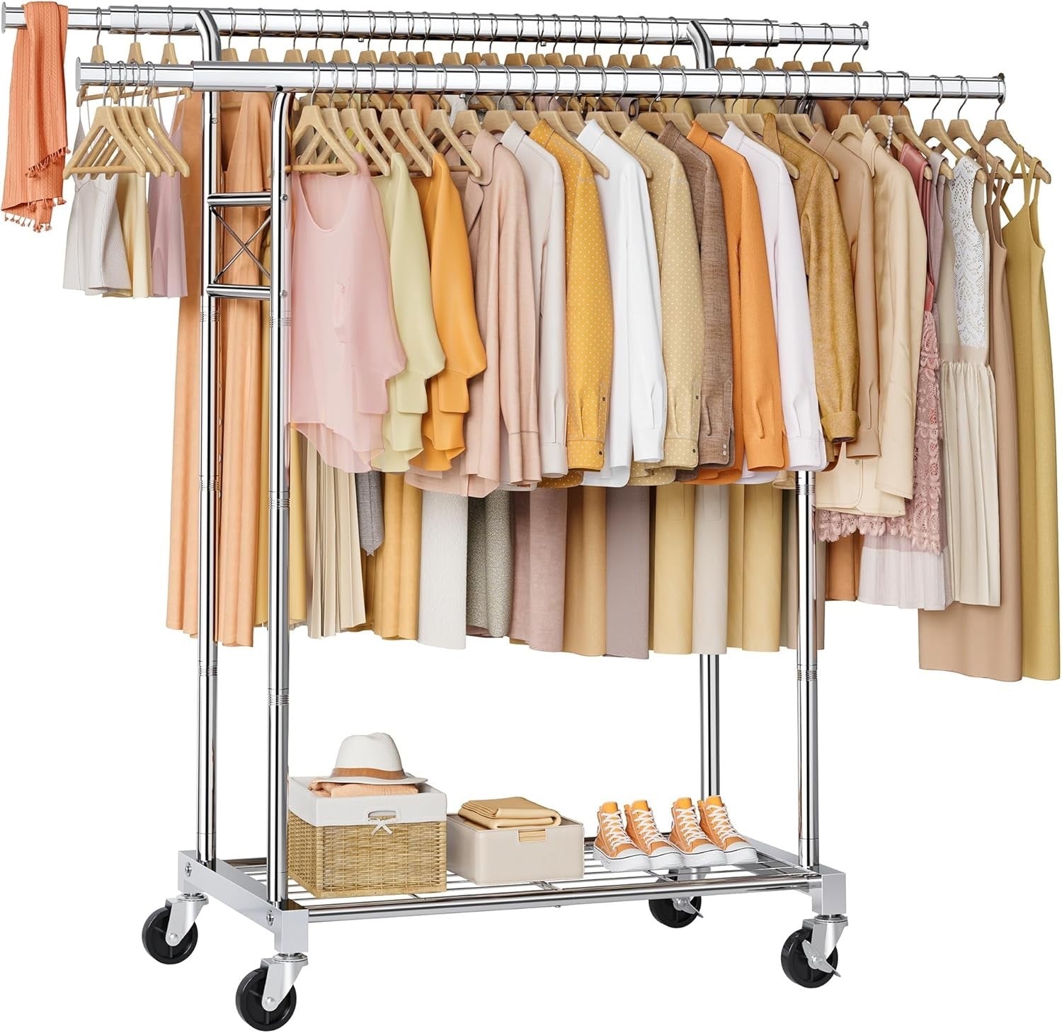 Clothes Rail Heavy Duty Double Rod Extendable Rack Storage Shelves Silver 190cm