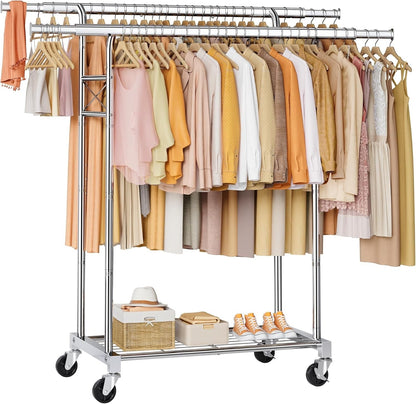 Clothes Rail Heavy Duty Double Rod Extendable Rack Storage Shelves Silver 190cm
