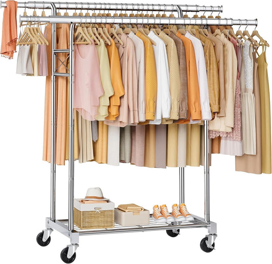 Clothes Rail Heavy Duty Double Rod Extendable Rack Storage Shelves Silver 190cm