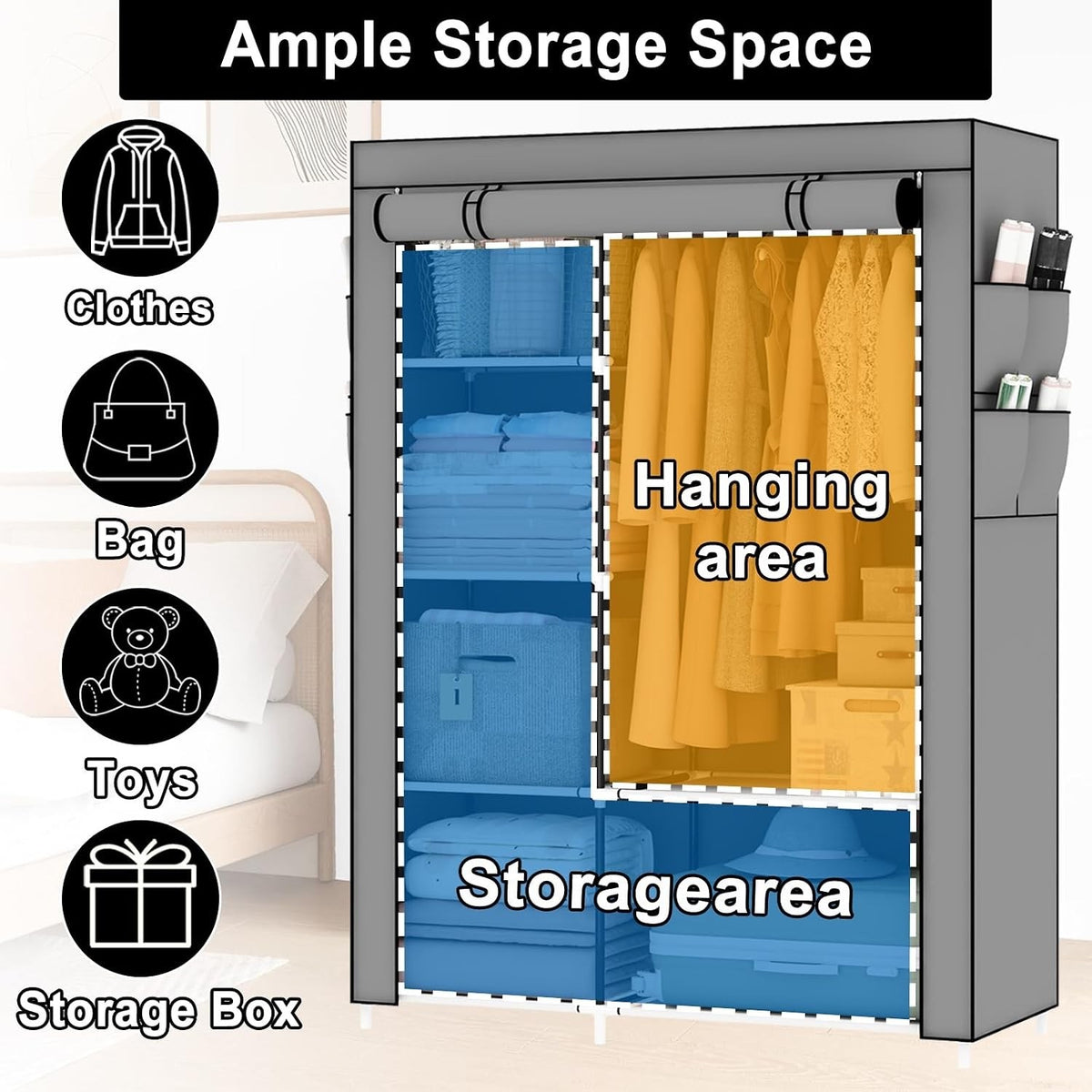 Canvas Wardrobe Portable Clothes Closet Grey 105x45x165cm 5 Shelves Hanging Rail