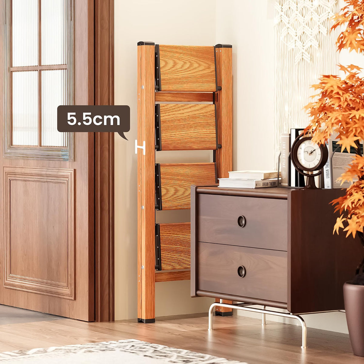 4 Step Ladder Folding Stool Carbon Steel Anti-Slip Wide Pedals 150kg Woodgrain