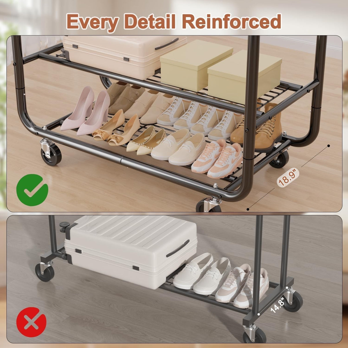 Clothes Rail Garment Rack Double Hanging Heavy Duty 326kg Wheels 2 Shelves Black