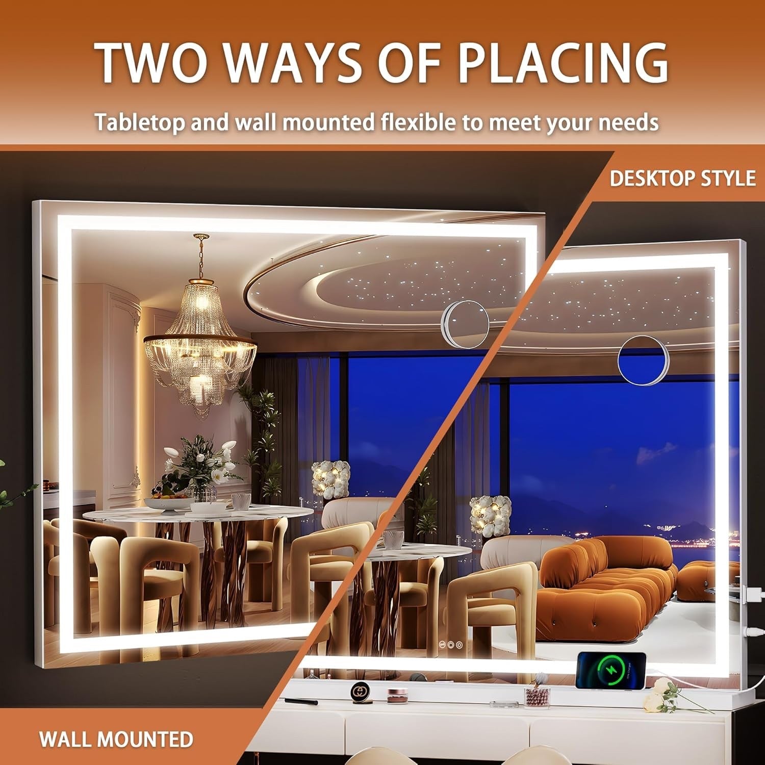 LED Vanity Makeup Mirror 95x65cm Round Lighted Dimmable 3 Color Touch