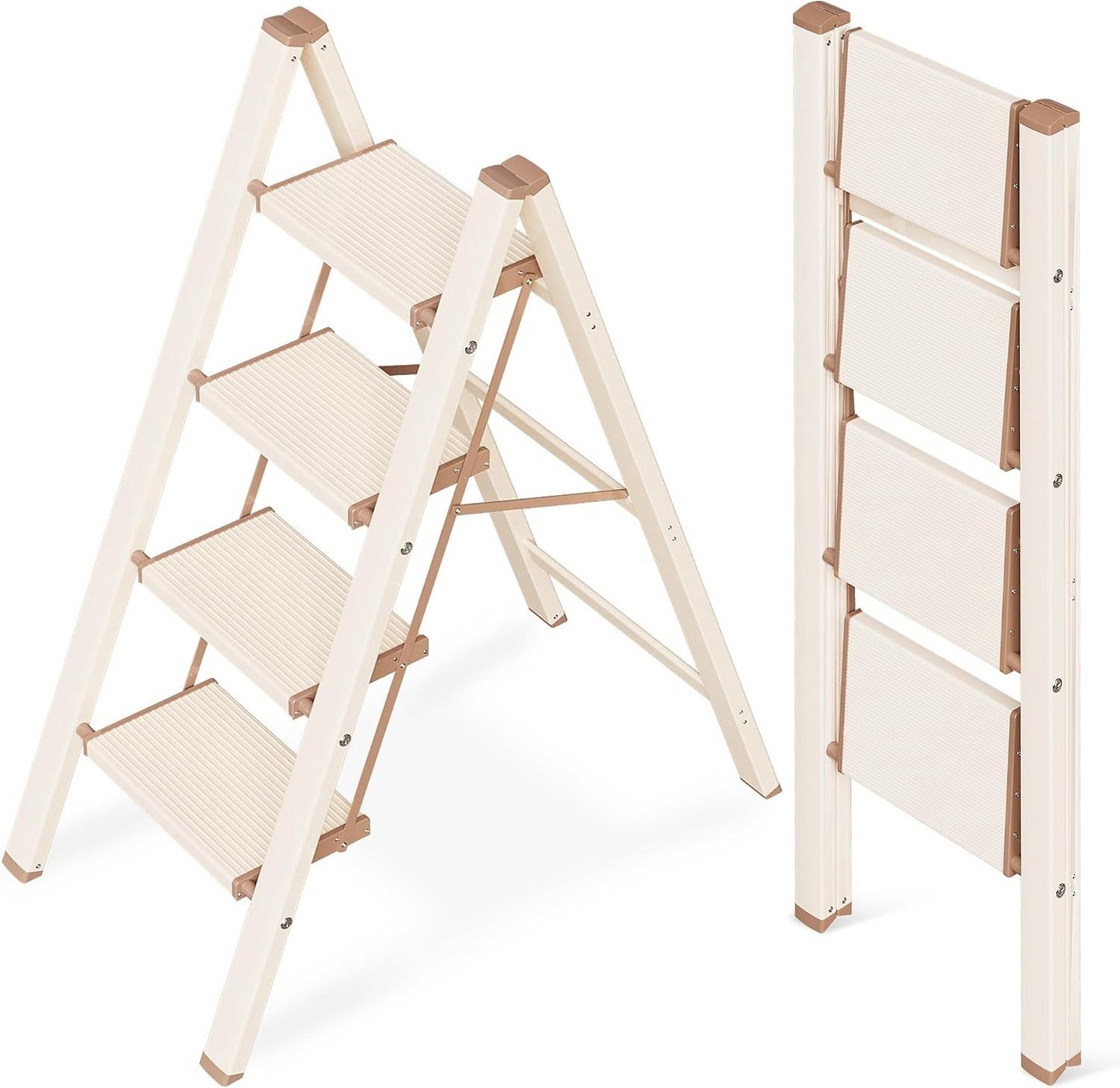 4 Step Ladder Folding Stool Aluminium Anti-Slip Wide Pedal 150kg Cream Chocolate
