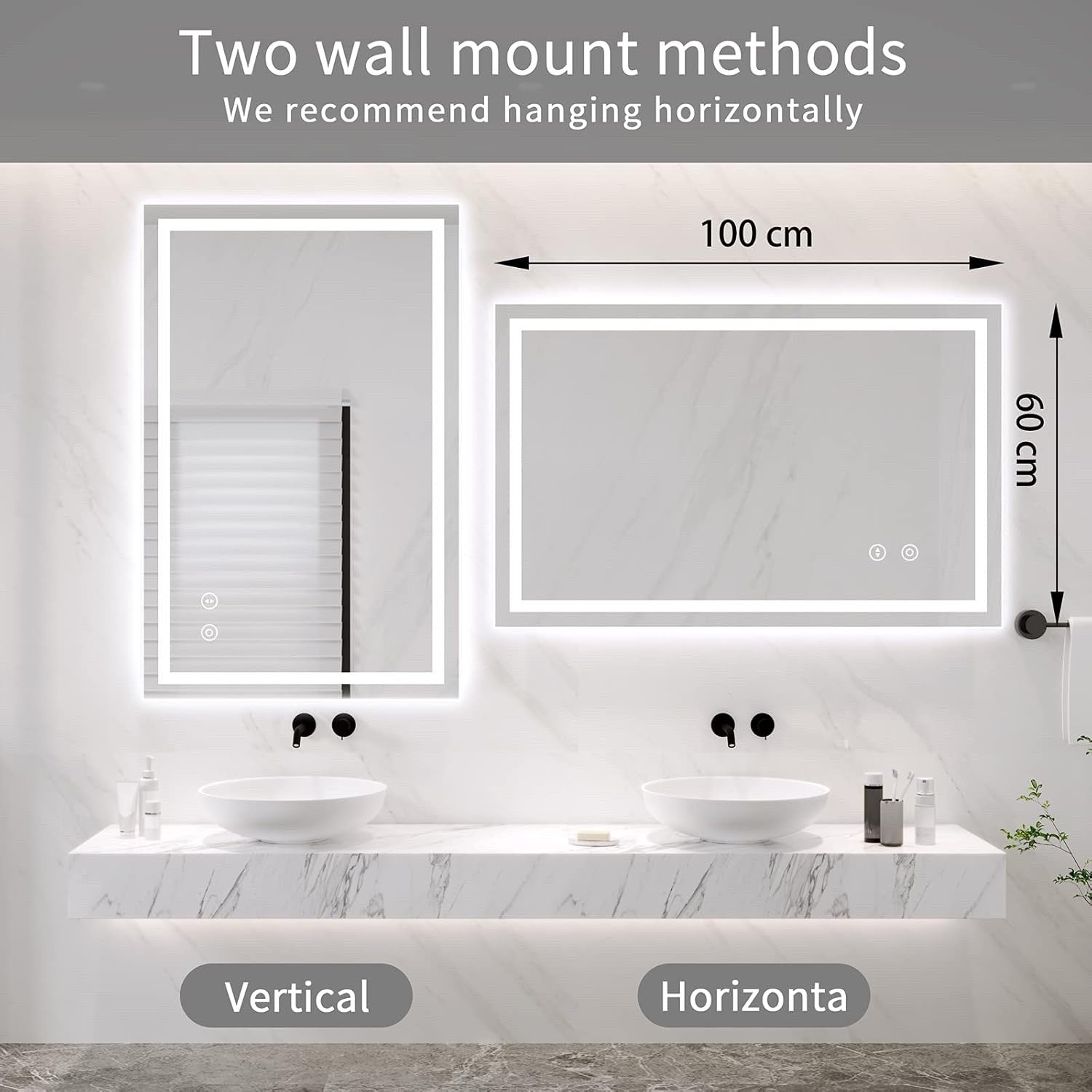 LED Bathroom Mirror 100x60cm Wall Mounted Backlit Anti-Fog 3 Color Dimmer