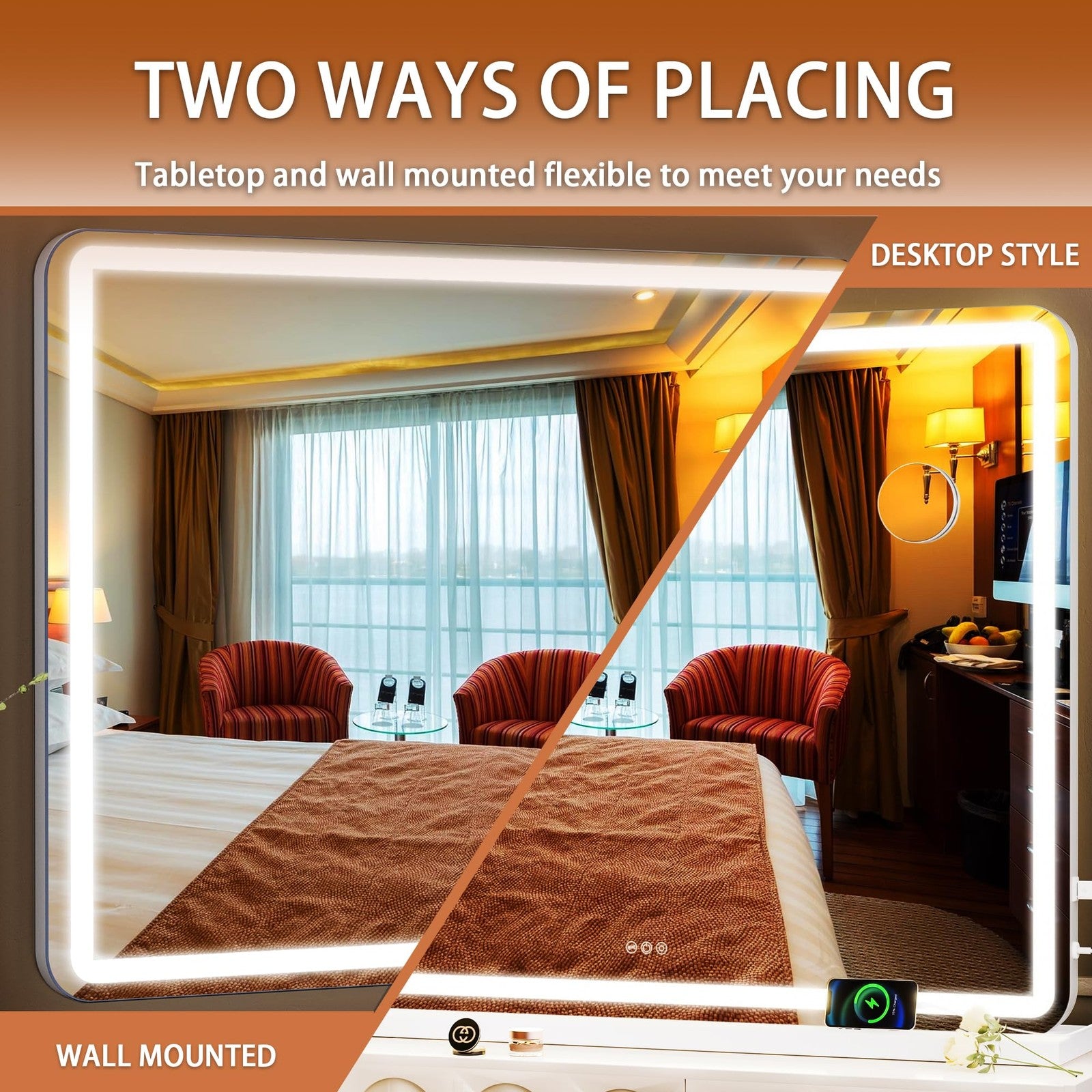 Hasipu LED Vanity Mirror 95x65cm Lighted Makeup Mirror 3 Mode Dimmable Touch