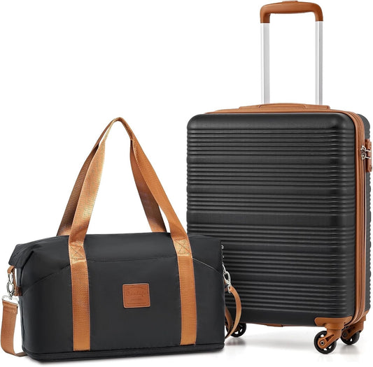 Cabin Suitcase Hand Luggage 2 Piece Set 55x40x20cm Black Brown TSA 4 Wheels