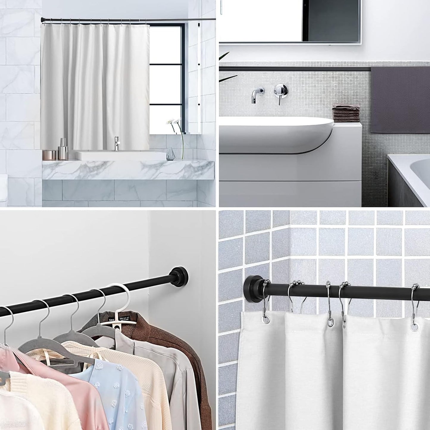 Shower Curtain Pole No Drill Tension Rod 190-410cm White 32mm Bathroom Heavy
