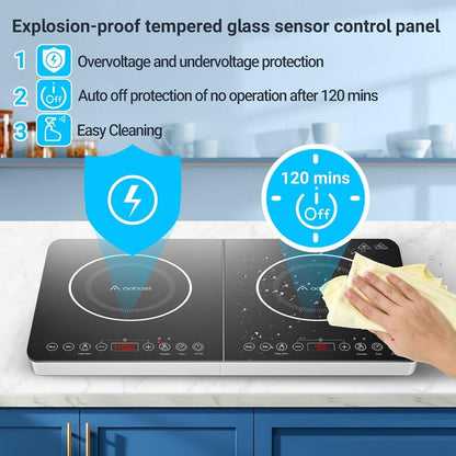 AOBOSI Double Induction Hob 2800W Portable 2 Ring Cooker Touch Control Timer