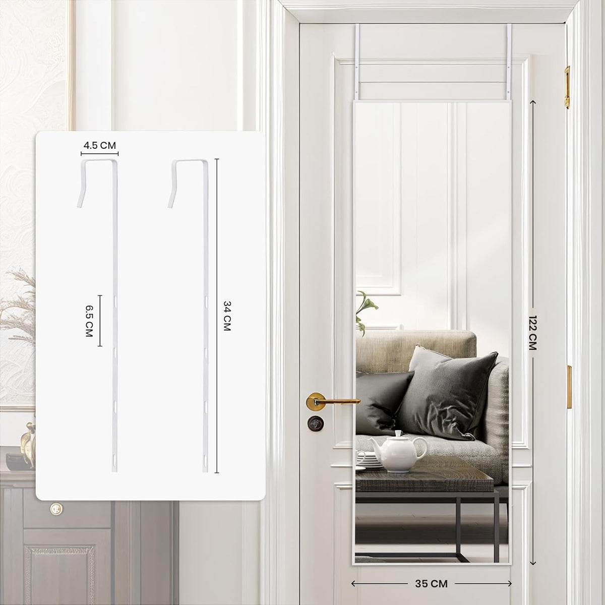 Over Door Full Length Mirror 122x35cm White Frame Bedroom Hanging Wall Mounted