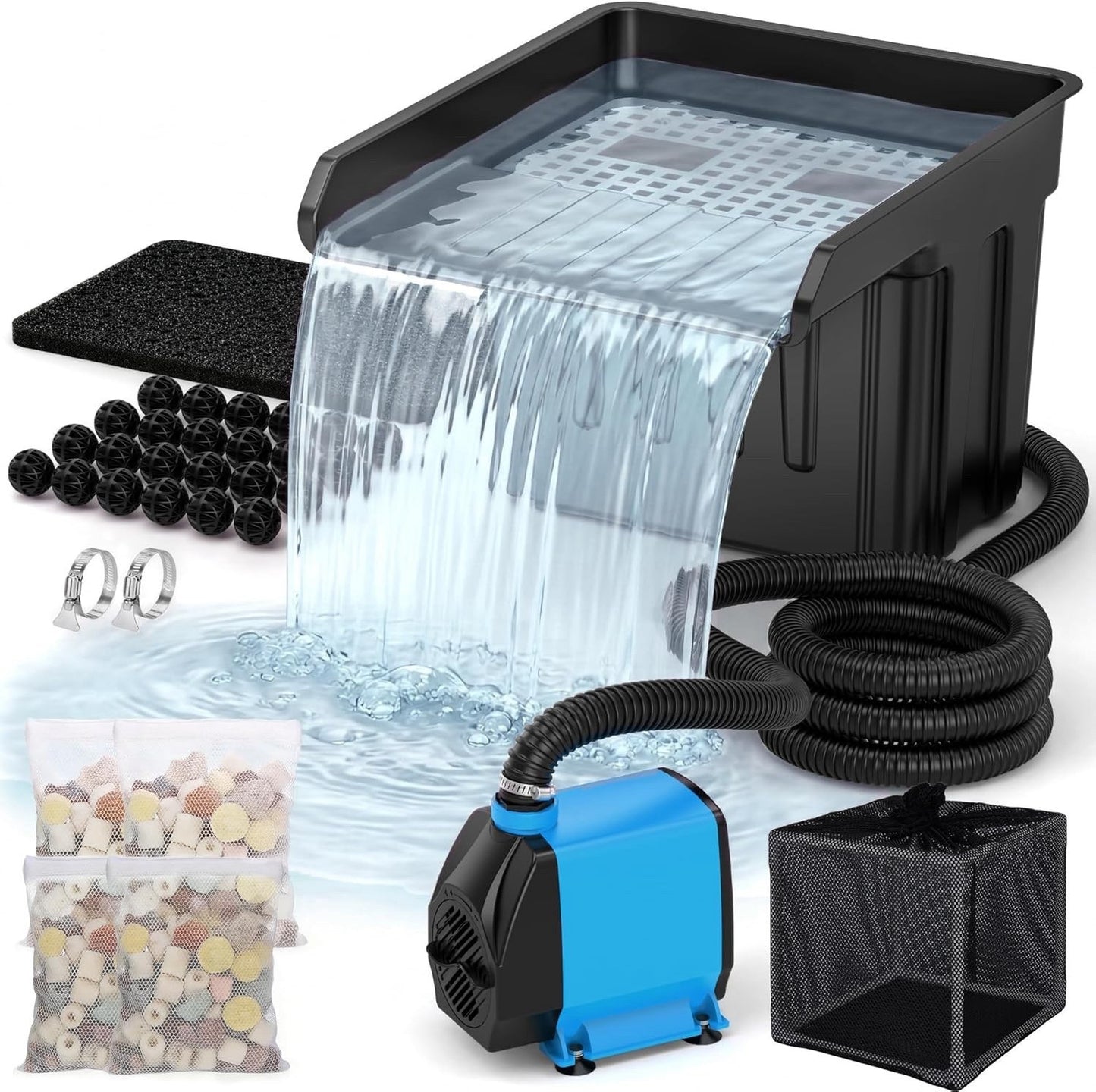 Pond Waterfall Filter Kit 980GPH Pump 13ft Hose 3000 Gallon Outdoor Garden Pond
