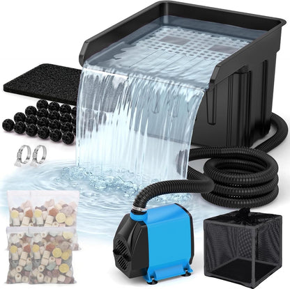 Pond Waterfall Filter Kit 980GPH Pump 13ft Hose 3000 Gallon Outdoor Garden Pond