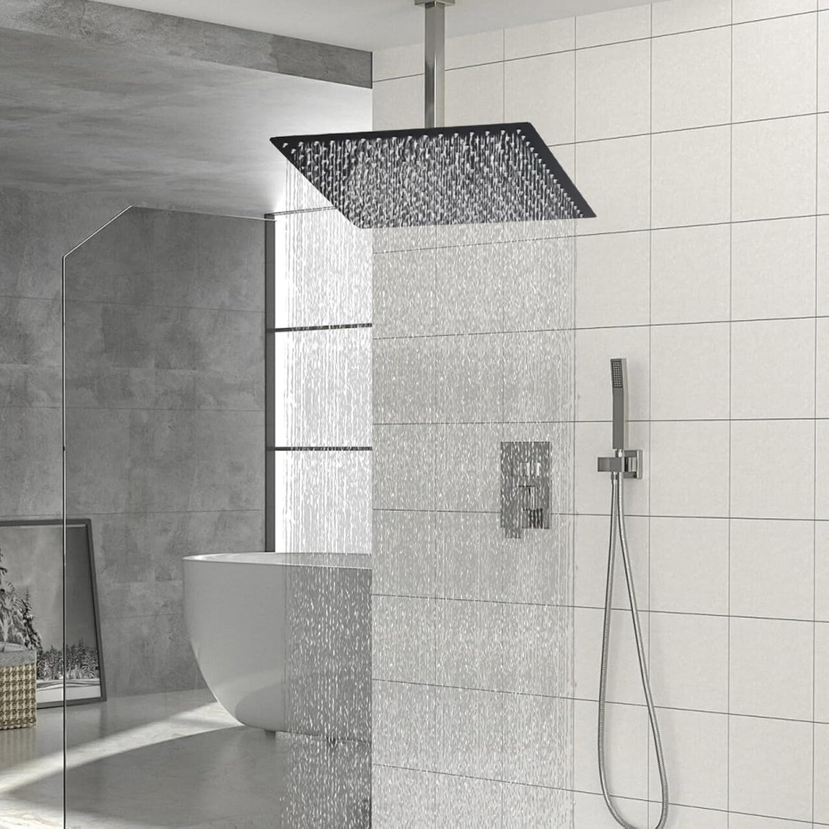 Rainfall Shower Head Square 16 Inch Black Stainless Steel Adjustable Swivel G1/2