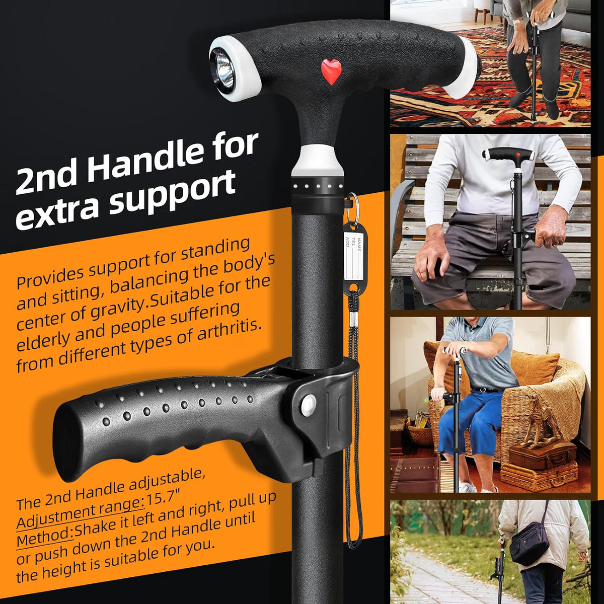 Walking Stick Adjustable 2nd Handle LED Light Men Women Seniors Arthritis Black