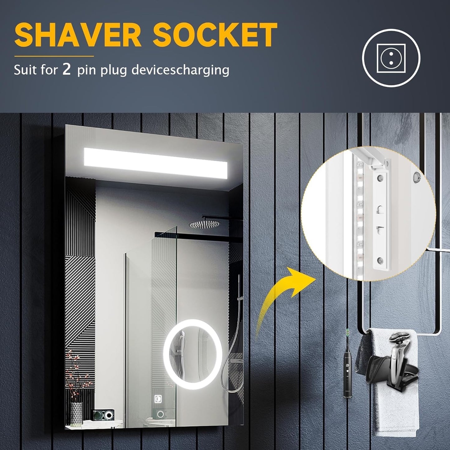 LED Bathroom Mirror 500x700mm Shaver Socket Demister Touch Control