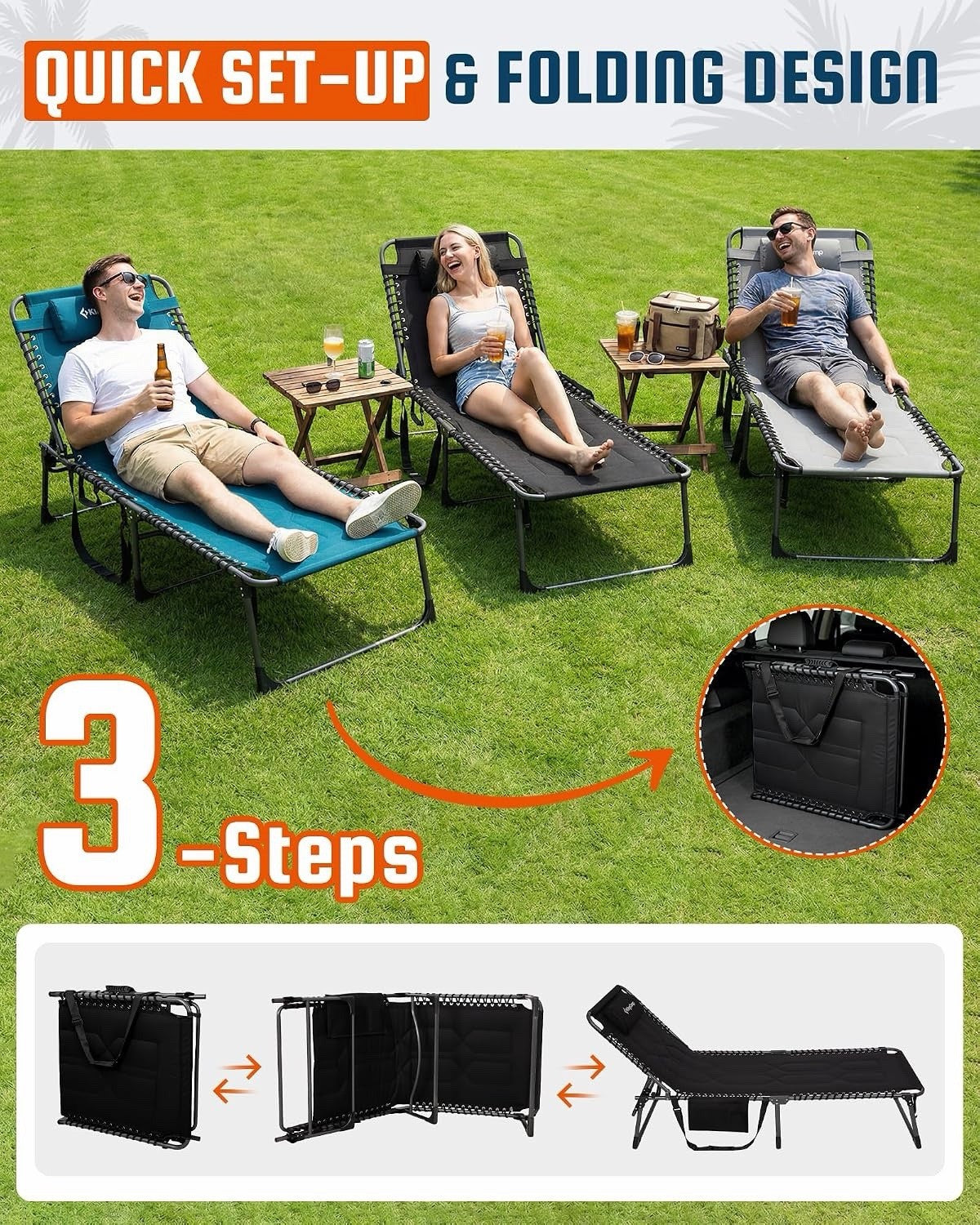 Sun Lounger Garden Recliner Folding Padded Black 200x68cm KingCamp XL 1 Pack