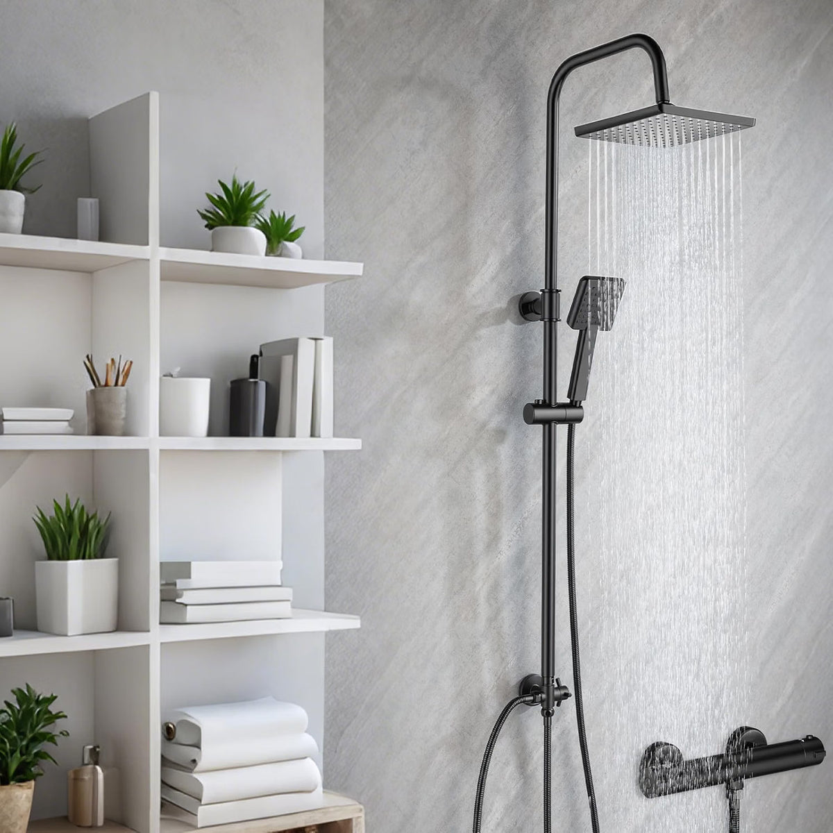 Shower Riser Rail Kit 8in Black Adjustable 79-128cm Rainfall Anti-Leak Hose Set