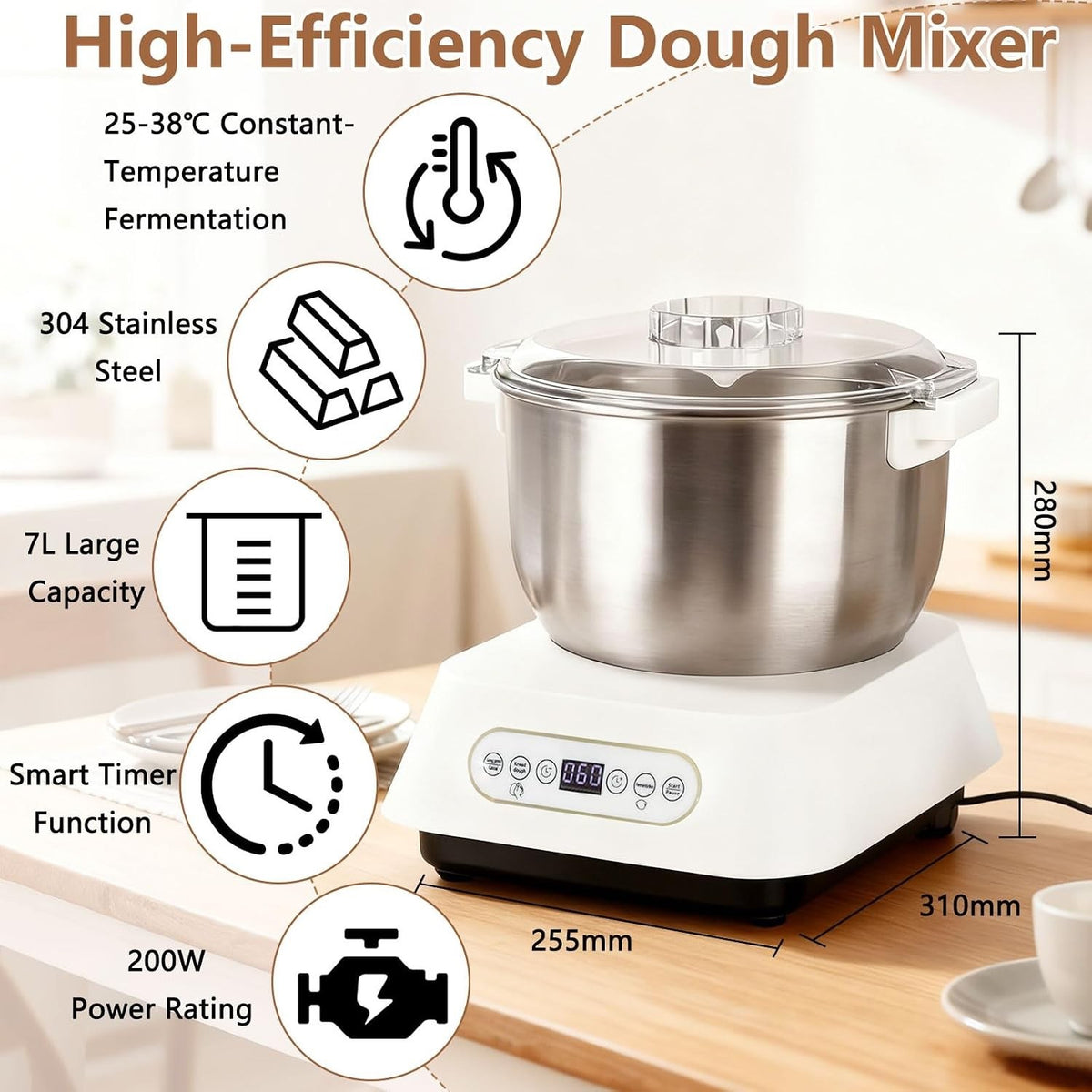 7L Dough Mixer 200W Stainless Steel Food Mixer With Fermentation 25-38C Stand