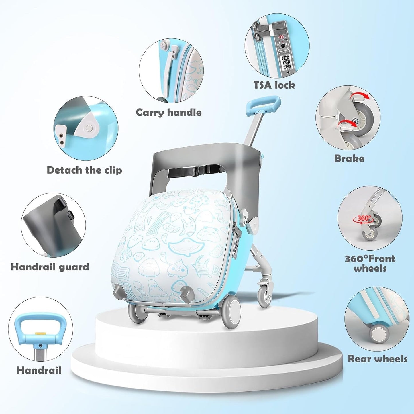 Kids Ride On Suitcase 20in Carry On Luggage Seat Stroller Wheels Guard Rail