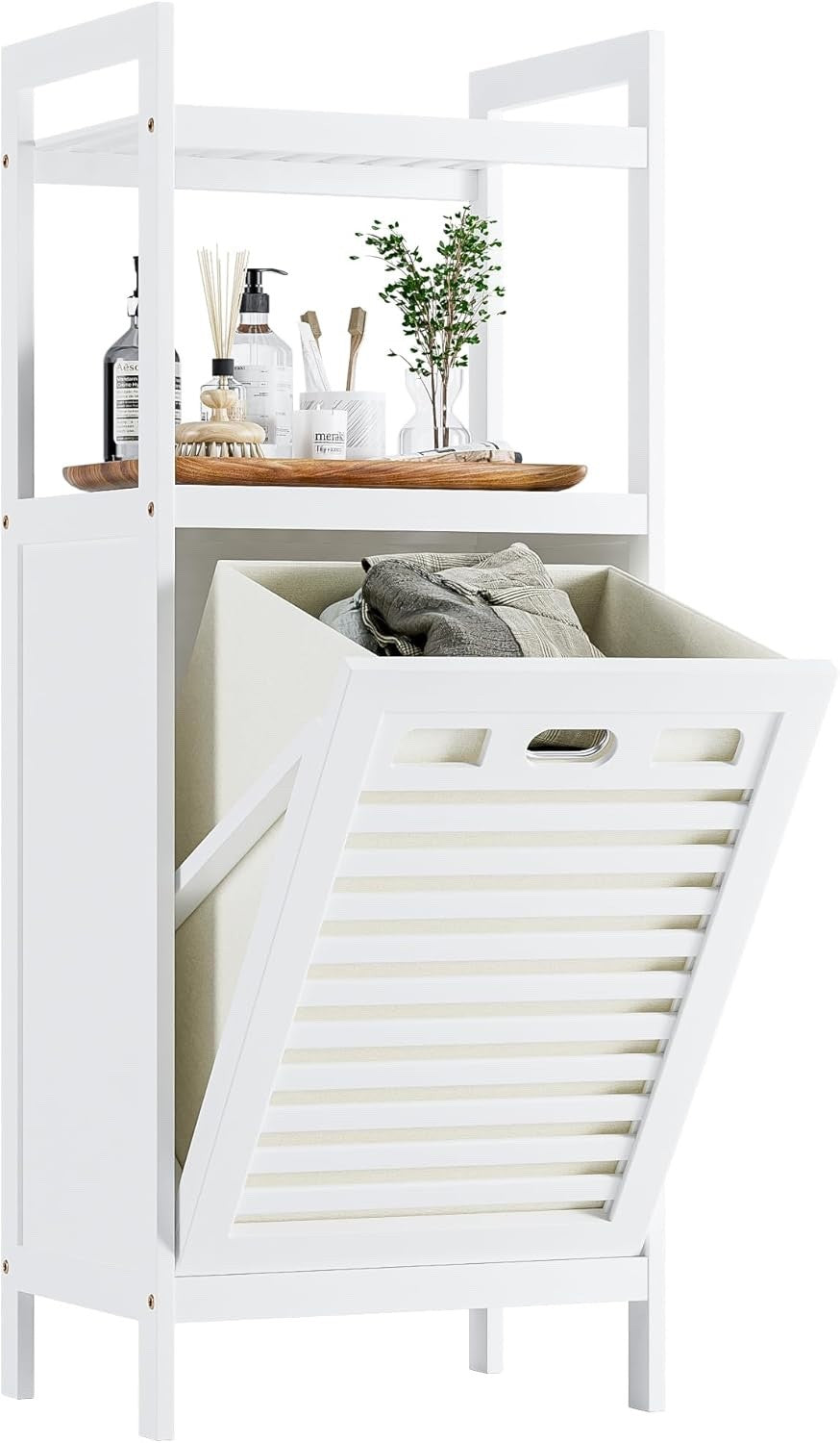 Laundry Hamper Cabinet Bamboo Tilt Out Bathroom Storage Basket Shelf 40L White