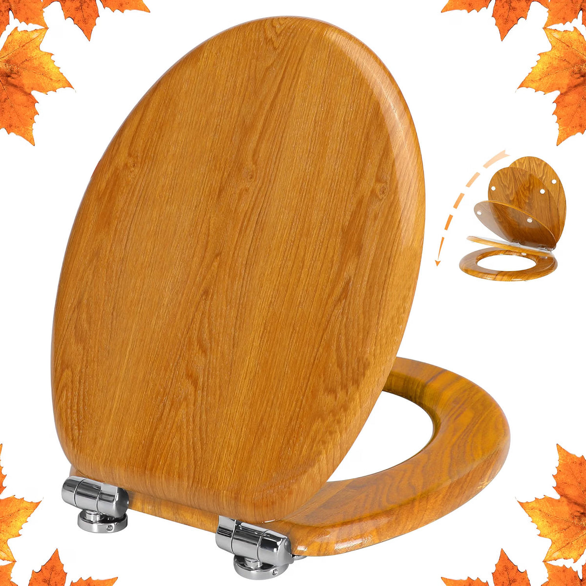 Toilet Seat Wooden Soft Close Oak 45x37cm Antibacterial Quick Release Hinges Eas