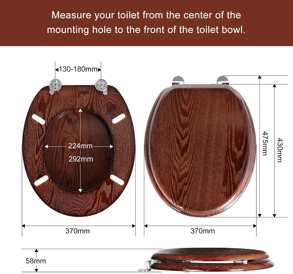 Toilet Seat Wooden Oval Bathroom Lid Dark Walnut MDF Adjustable Hinges 45x37cm
