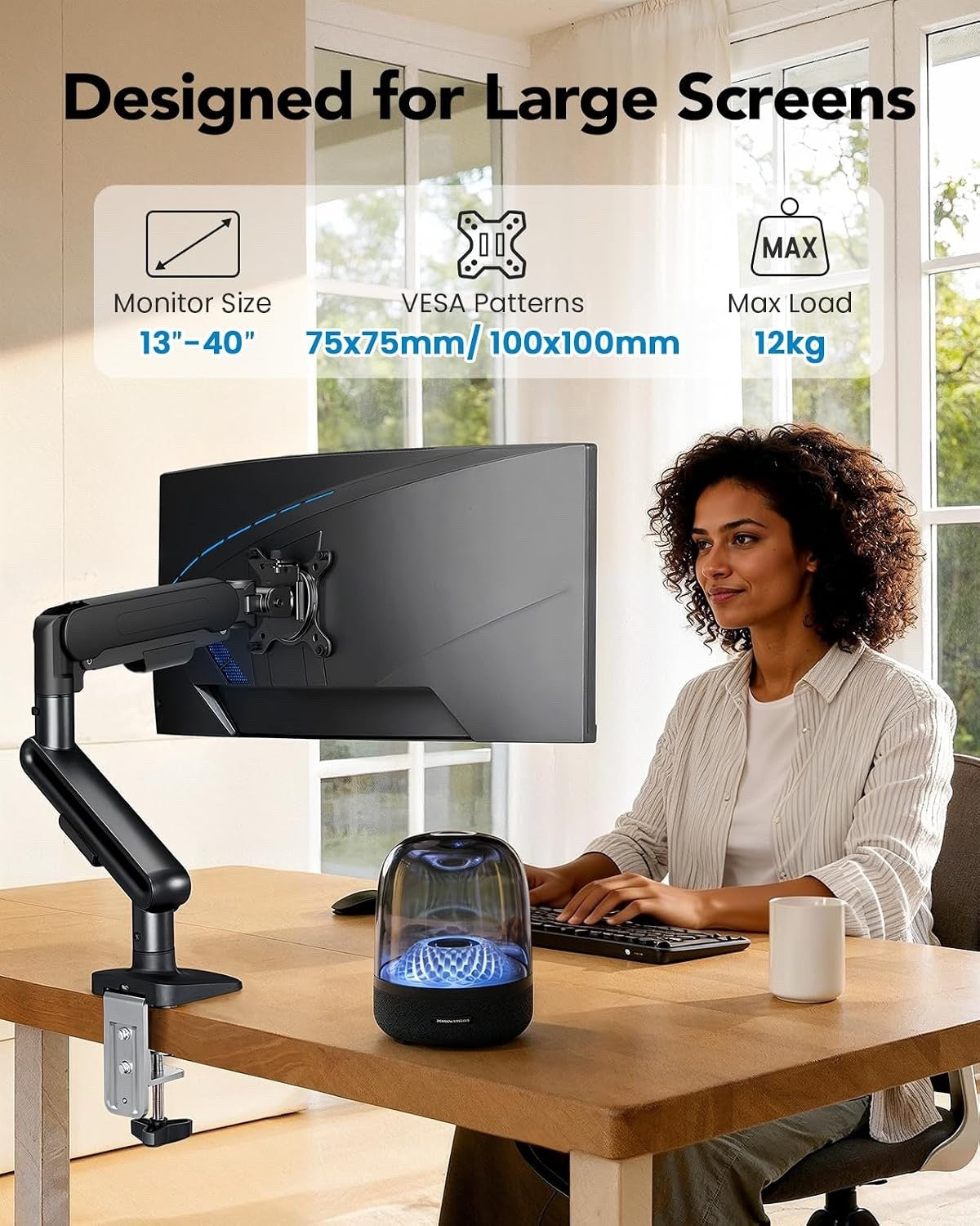 Monitor Arm Desk Mount Ultrawide Single 13-40in Adjustable VESA Black 12kg Heavy
