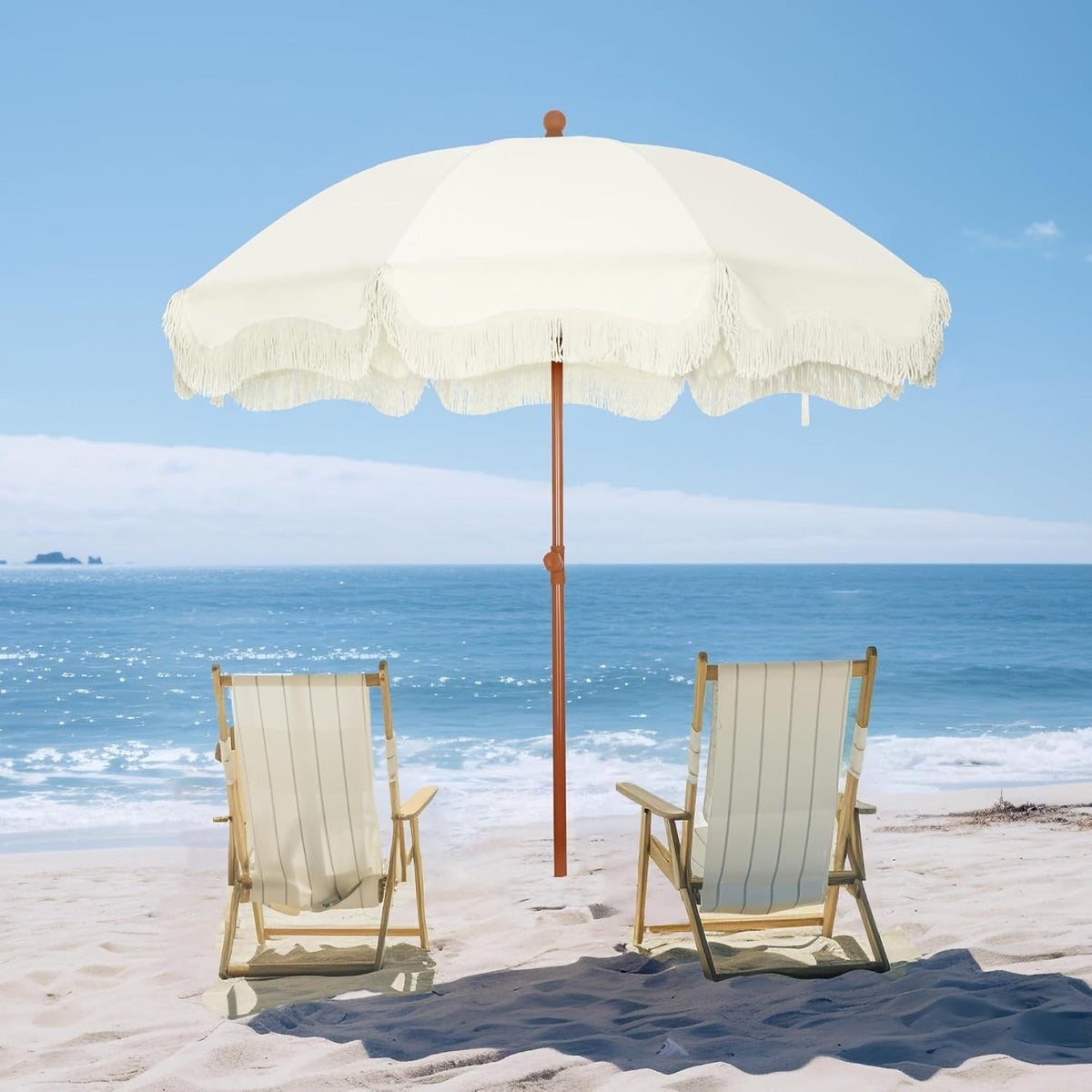 Fringed Beach Umbrella 2m Portable Parasol Ground Drill Ivory UPF50+ Sun Shade