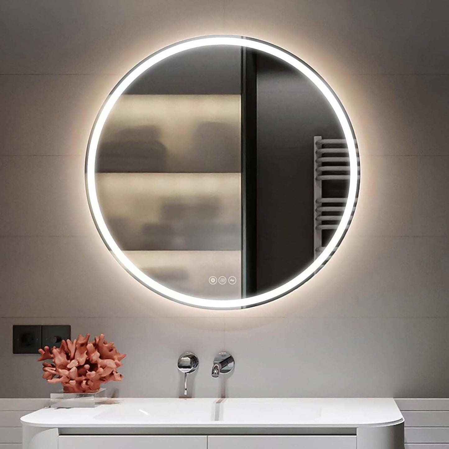 Round LED Bathroom Mirror 500mm Backlit Demister 3 Colour Dimmable Touch IP44