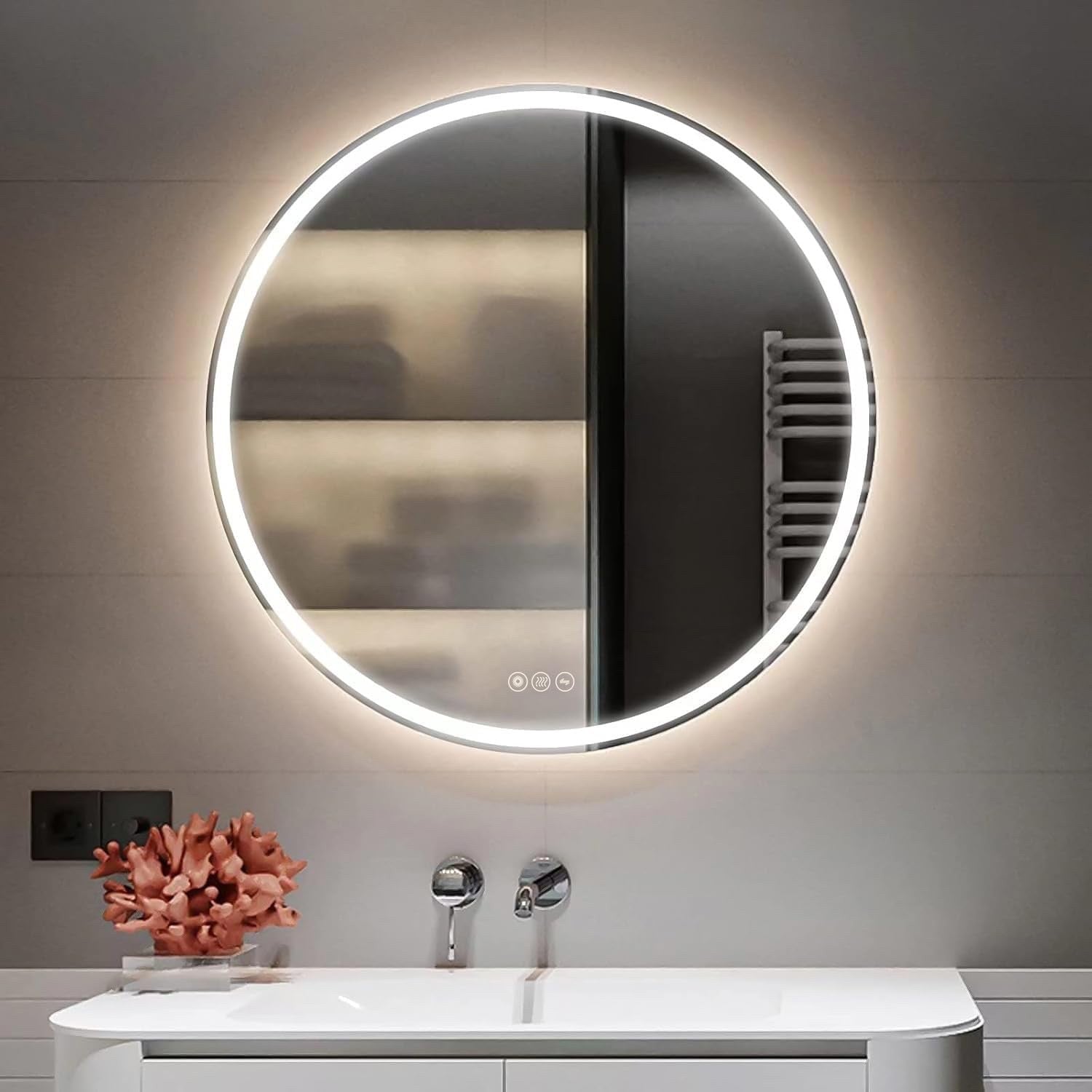 Round LED Bathroom Mirror 500mm Backlit Demister 3 Colour Dimmable Touch IP44