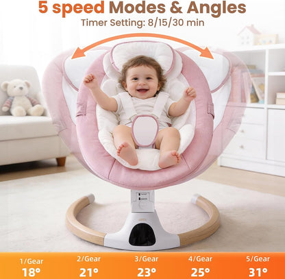 Electric Baby Swing Bouncer Newborn Pink Bluetooth 5 Speed Remote 0-6 Months