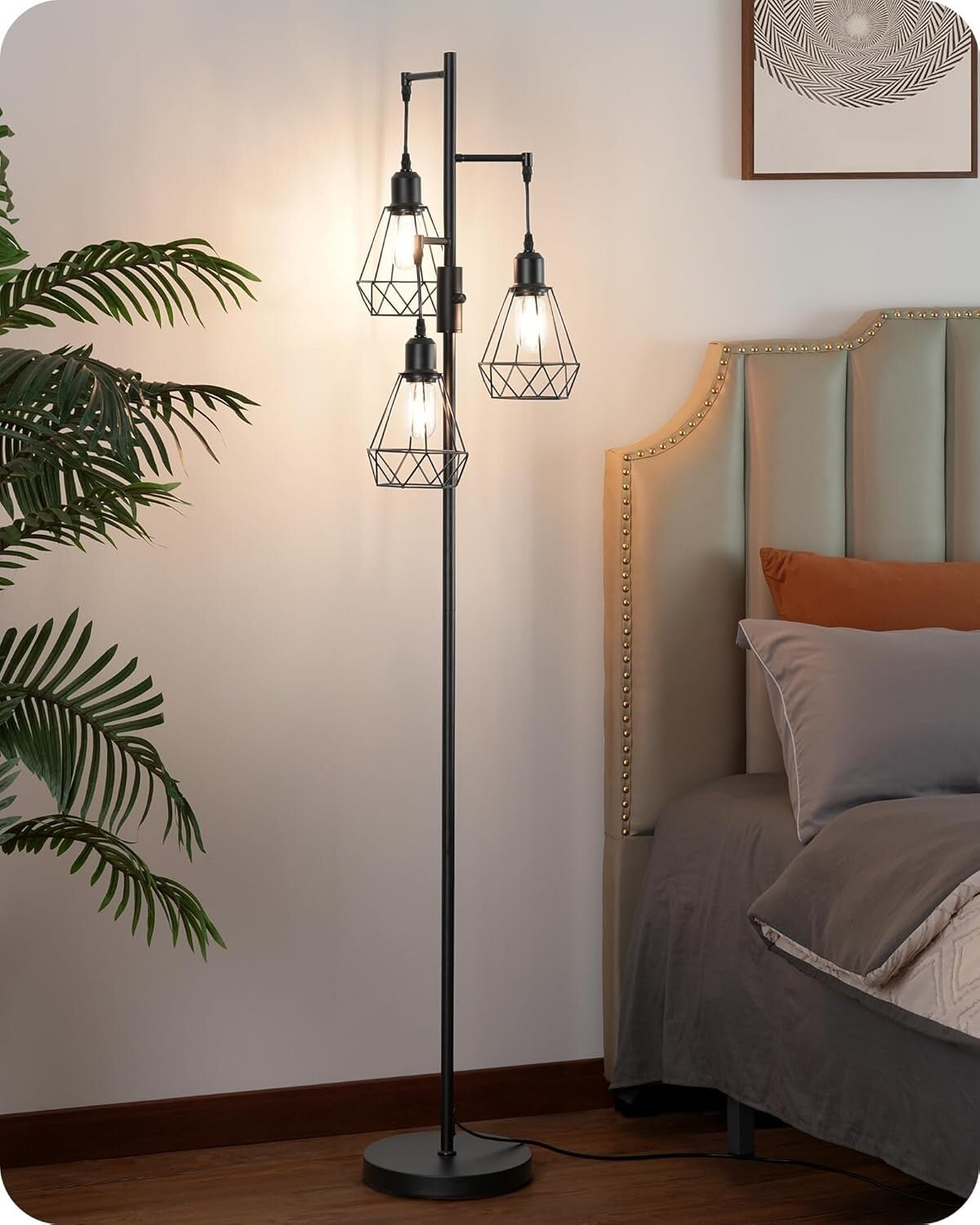 EDISHINE Industrial Floor Lamp with 3 LED Bulbs Diamond Cage Lampshade Black
