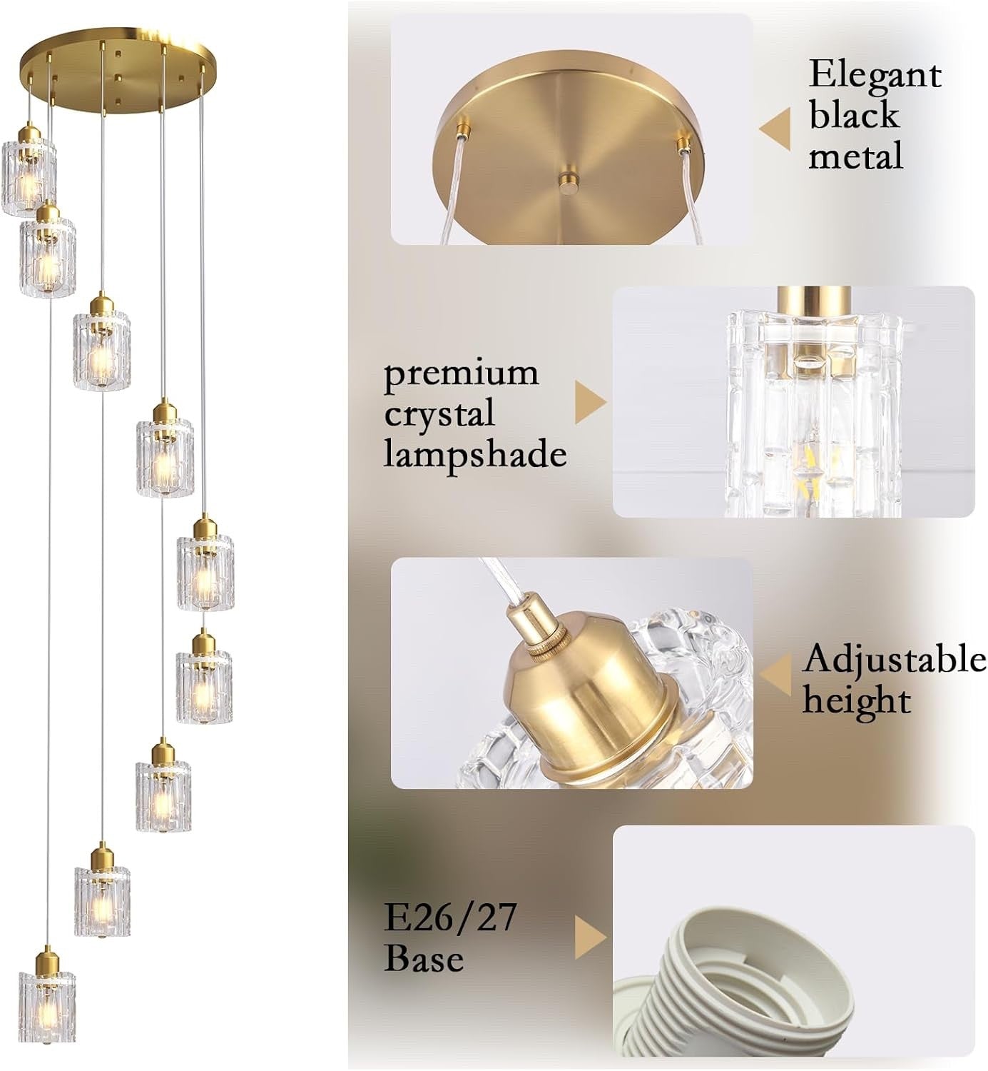 Modern Gold Chandelier 9 Light Glass Pendant E27 Adjustable 220cm Ceiling Lamp