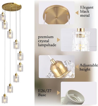 Modern Gold Chandelier 9 Light Glass Pendant E27 Adjustable 220cm Ceiling Lamp