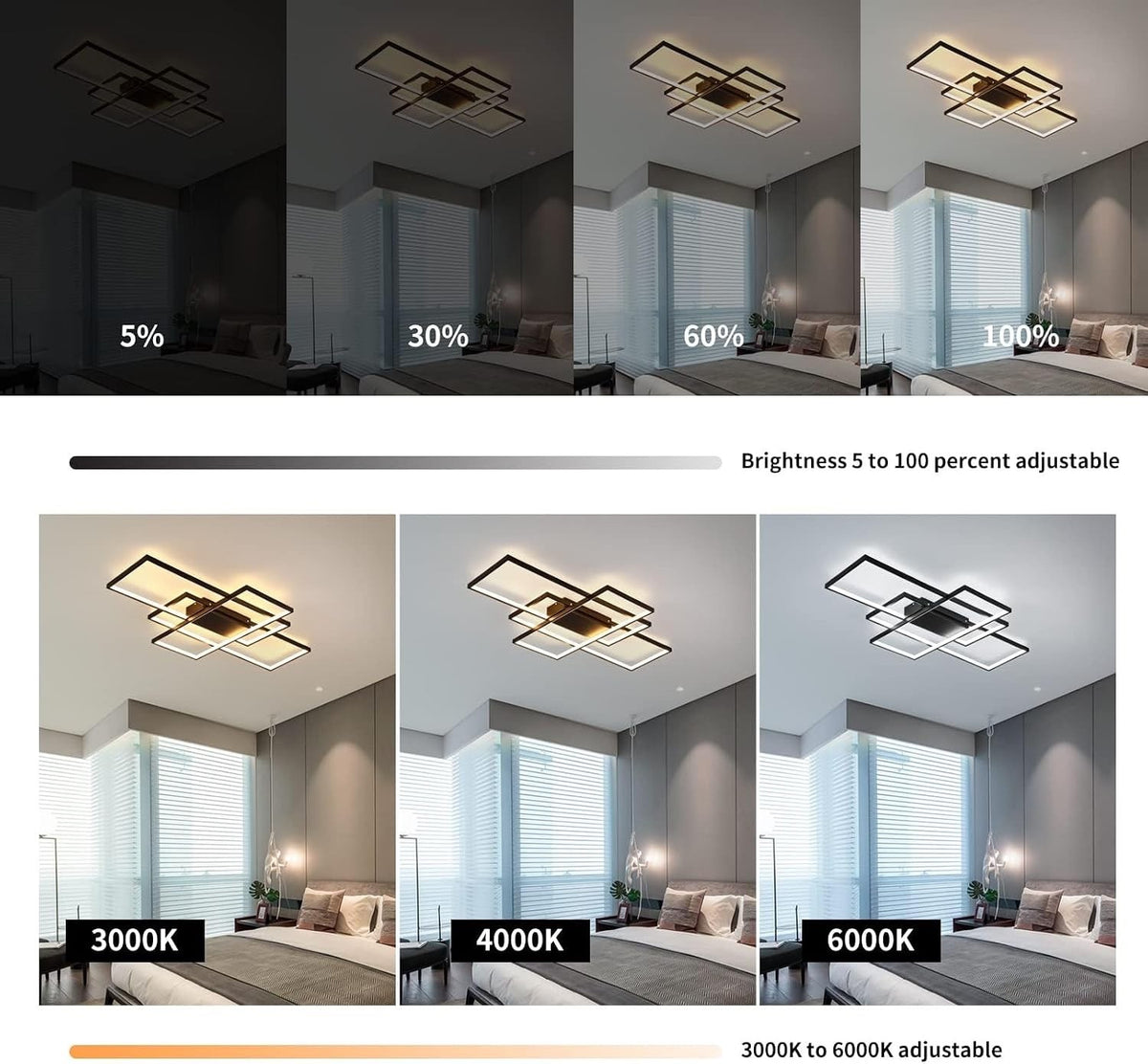 LED Ceiling Light Chandelier 70W 110cm Black Dimmable 3 Square Remote Control