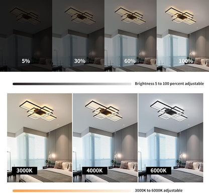 LED Ceiling Light Chandelier 70W 110cm Black Dimmable 3 Square Remote Control