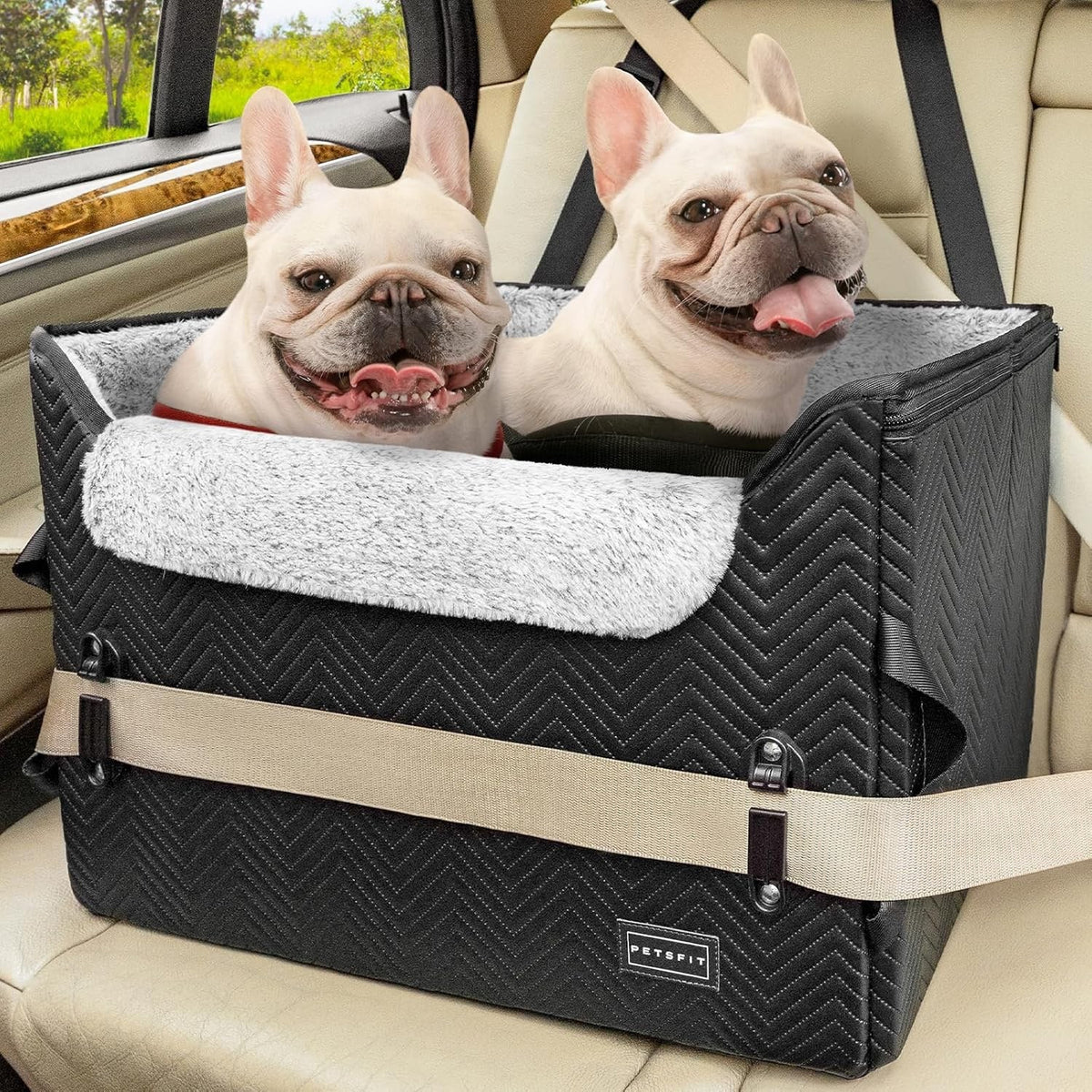Dog Car Booster Seat Medium Black Leather 59x45x34cm Safety Leash Foldable 25lb