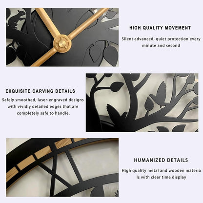 Large Tree of Life Wall Clock 24in – Silent Modern Metal Decor for Living Room