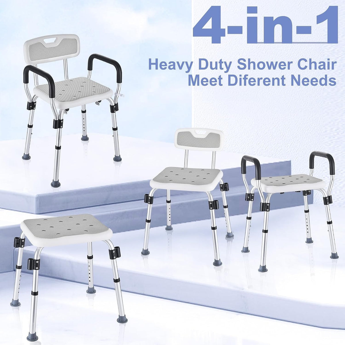 Shower Chair Bath Seat Stool Adjustable Height Non Slip Arms Backrest 150kg Grey