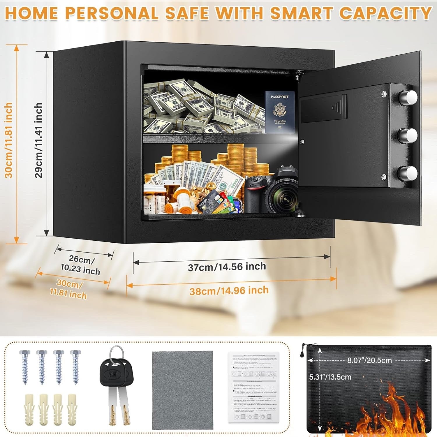 Digital Safe Box 34L Home Security Fireproof Money Bag Removable Shelf Black