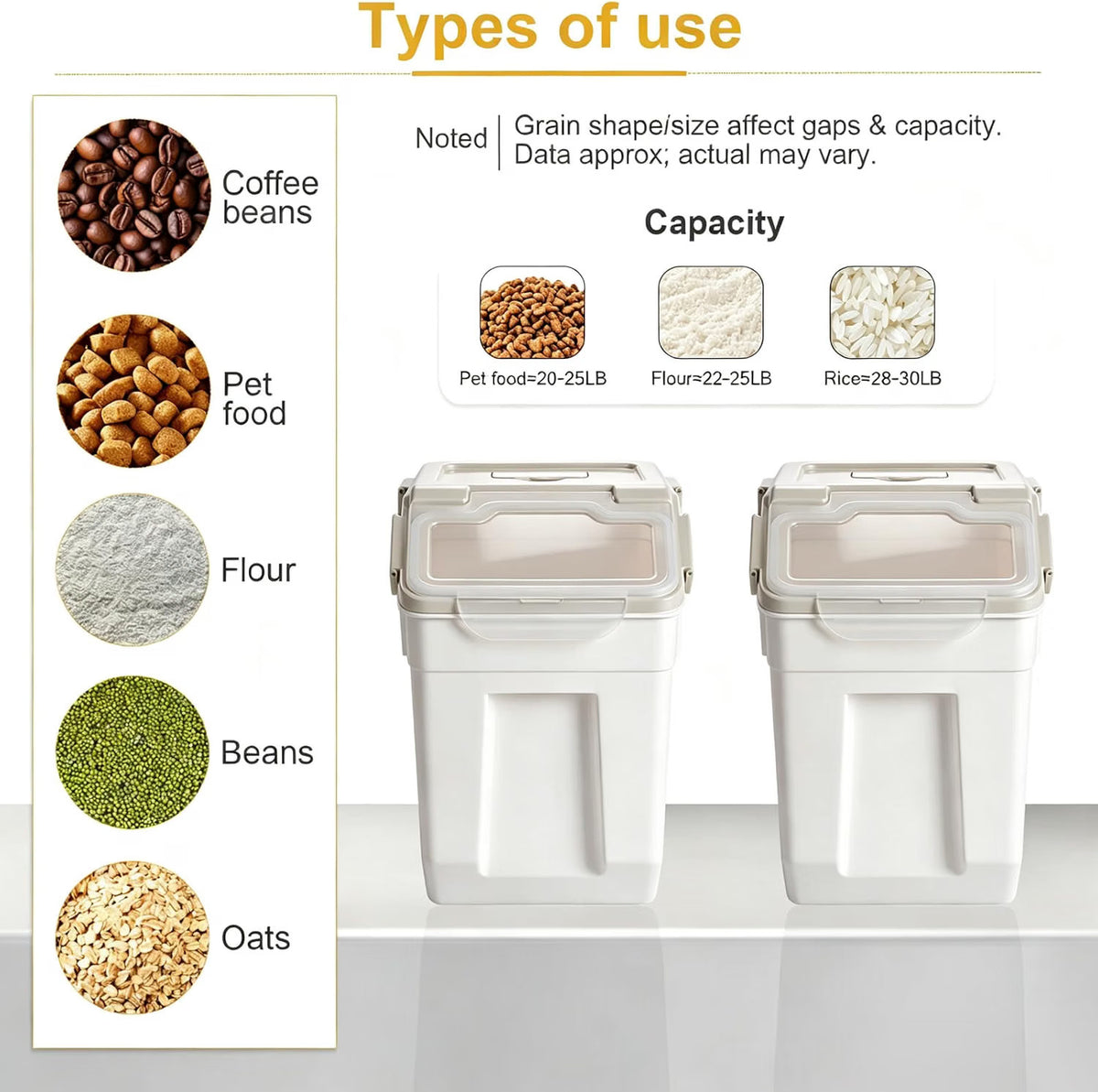 Flour Storage Containers 25lb 3 Pack Airtight Rice Bin Wheels Measuring Cup Grey