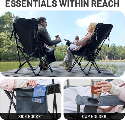 Folding Camping Chair Recliner 150kg Extra Wide 3 Position Cup Holder Black