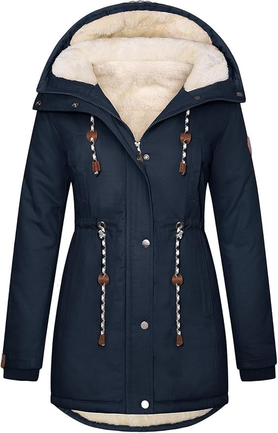 Womens Winter Parka Jacket Fleece Lined Hooded Thermal Coat Navy Blue L