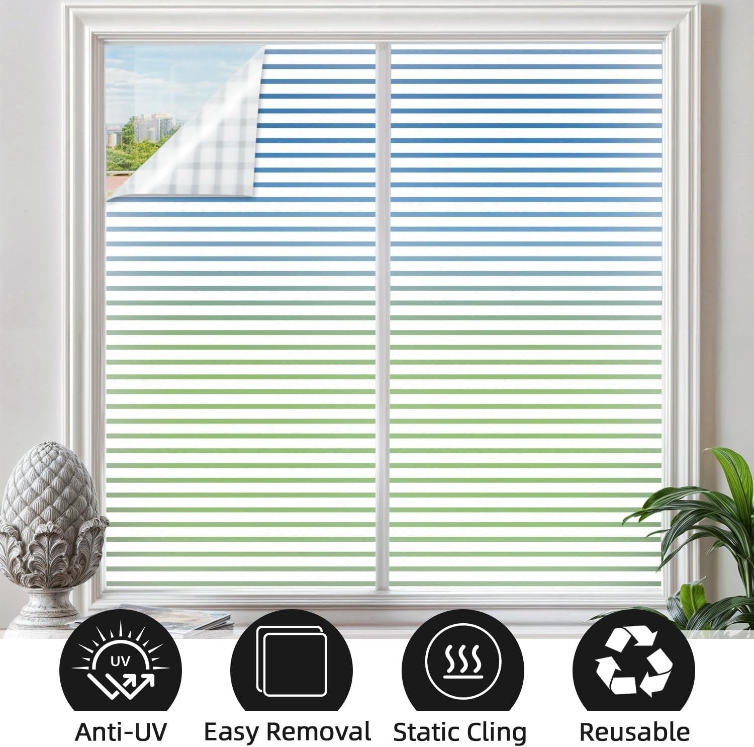 Window Film Privacy Frosted 60x200cm Medium Stripes Static Cling No Glue Glass R